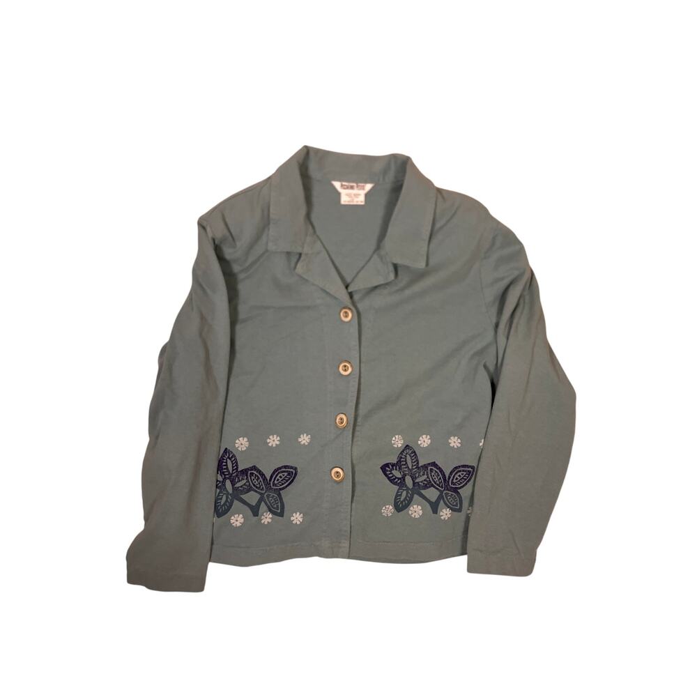 Green Cottagecore Floral Cardigan Sweater‎ Women’s 12/Large Petite Knit Vintage